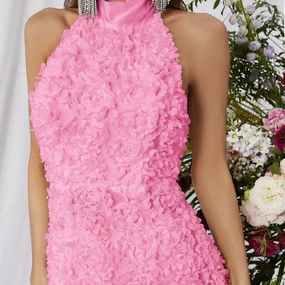 Pink Boho Womens Solid Tie Backless Halter Dress - Picture 5 of 5